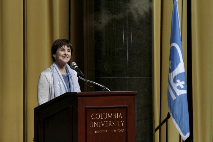 Newly elected Columbia Scholastic Press Advisers Association president Melissa Wantz welcomes the advisers to the 2014 CSPA spring convention advisers' awards luncheon on March 21, 2014 at Columbia University's Low Rotunda.