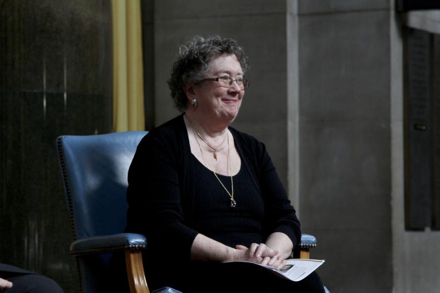 Outgoing Columbia Scholastic Press Advisers Association (CSPAA) past president Mary Kay Downes, chair of the CSPAAs Honors committee receives an applause of thanks for her work on the board at the 2014 CSPA spring convention advisers awards luncheon on March 21, 2014 at Columbia Universitys Low Rotunda.