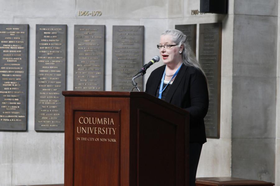 Claire Regan is the 2014 recipient of the Charles R. O'Malley Award for excellence in teaching. She delivered a few words at the 2014 CSPA spring convention advisers' awards luncheon on March 21, 2014 at Columbia University's Low Rotunda.