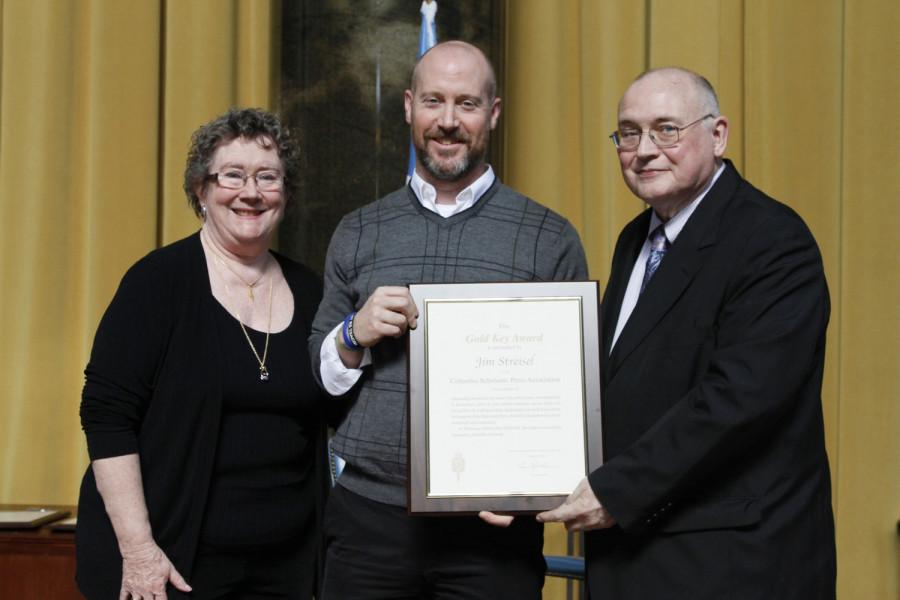 Jim Streisel is a 2014 recipient of the CSPA Gold Key Award. He received his award at the 2014 CSPA spring convention advisers awards luncheon on March 21, 2014 at Columbia Universitys Low Rotunda.