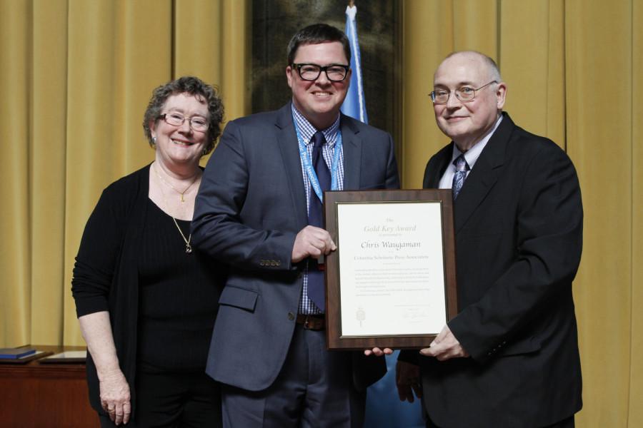 Chris Waugaman is a 2014 recipient of the CSPA Gold Key Award. He received his award at the 2014 CSPA spring convention advisers awards luncheon on March 21, 2014 at Columbia Universitys Low Rotunda.