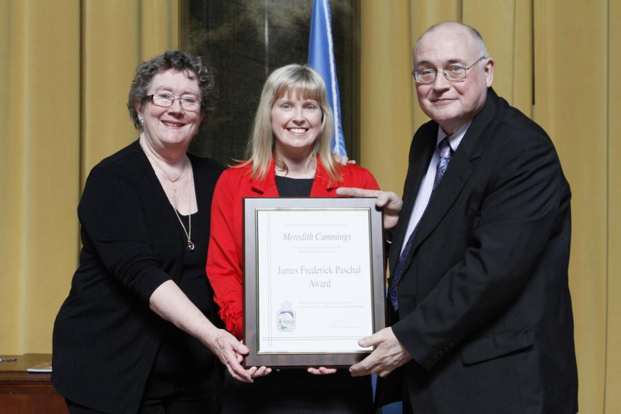 Meredith Cummings is the 2014 recipient of the James F. Paschal Award. She received her award at the 2014 CSPA spring convention advisers awards luncheon on March 21, 2014 at Columbia Universitys Low Rotunda.