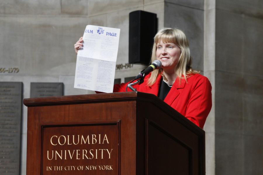 Meredith Cummings is the 2014 recipient of the James F. Paschal Award. She delivered a few words at the 2014 CSPA spring convention advisers awards luncheon on March 21, 2014 at Columbia Universitys Low Rotunda.