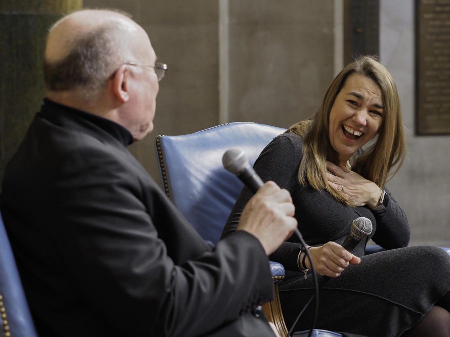 CSPAs Executive Director Ed Sullivan interviews the 2016 National High School Journalism Teacher of the Year Lori Keekley. 