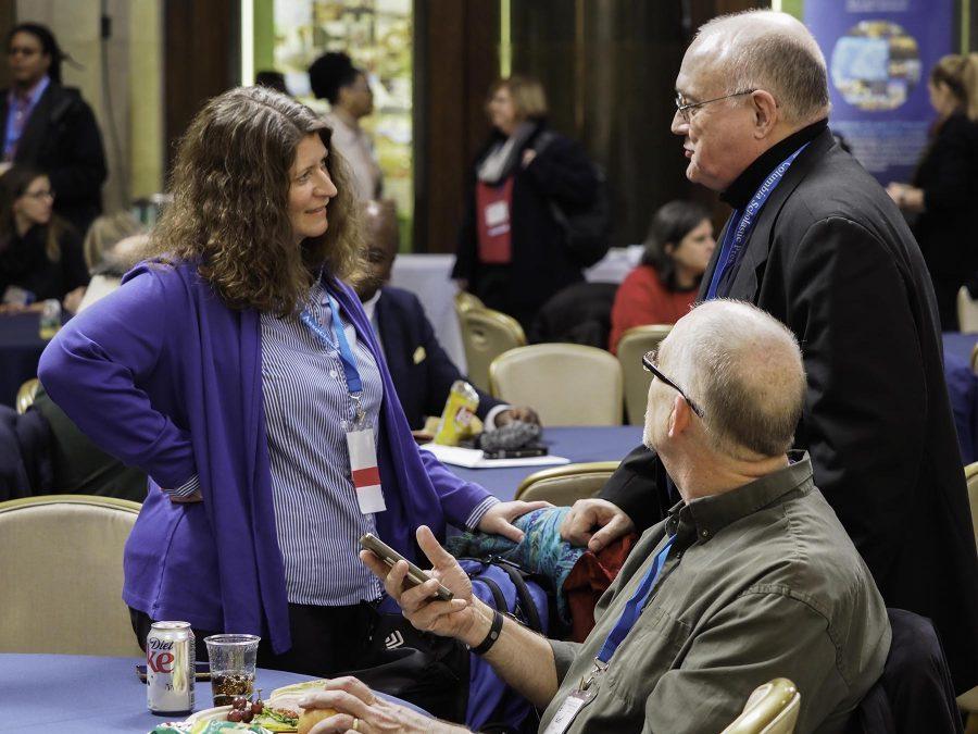 Bernadette Cranmer, and Karl Grubaugh speak with CSPA Executive Director Ed Sullivan at the Thursday Adviser Luncheon at the 93rd Spring Convention.